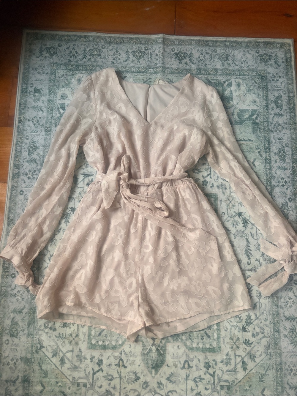 Mystree Blush Lace Romper with Long Sleeves
